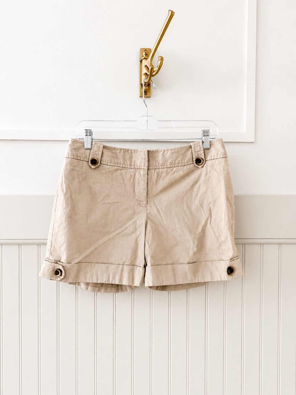 White House Black Market Beige Button-Cuff Bermuda Shorts